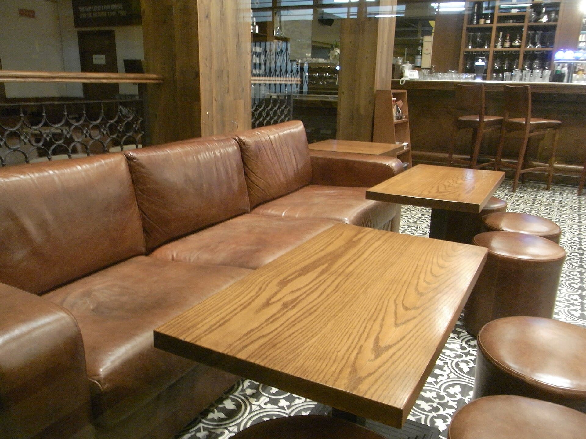 A cosy café seating area with tables and chairs.